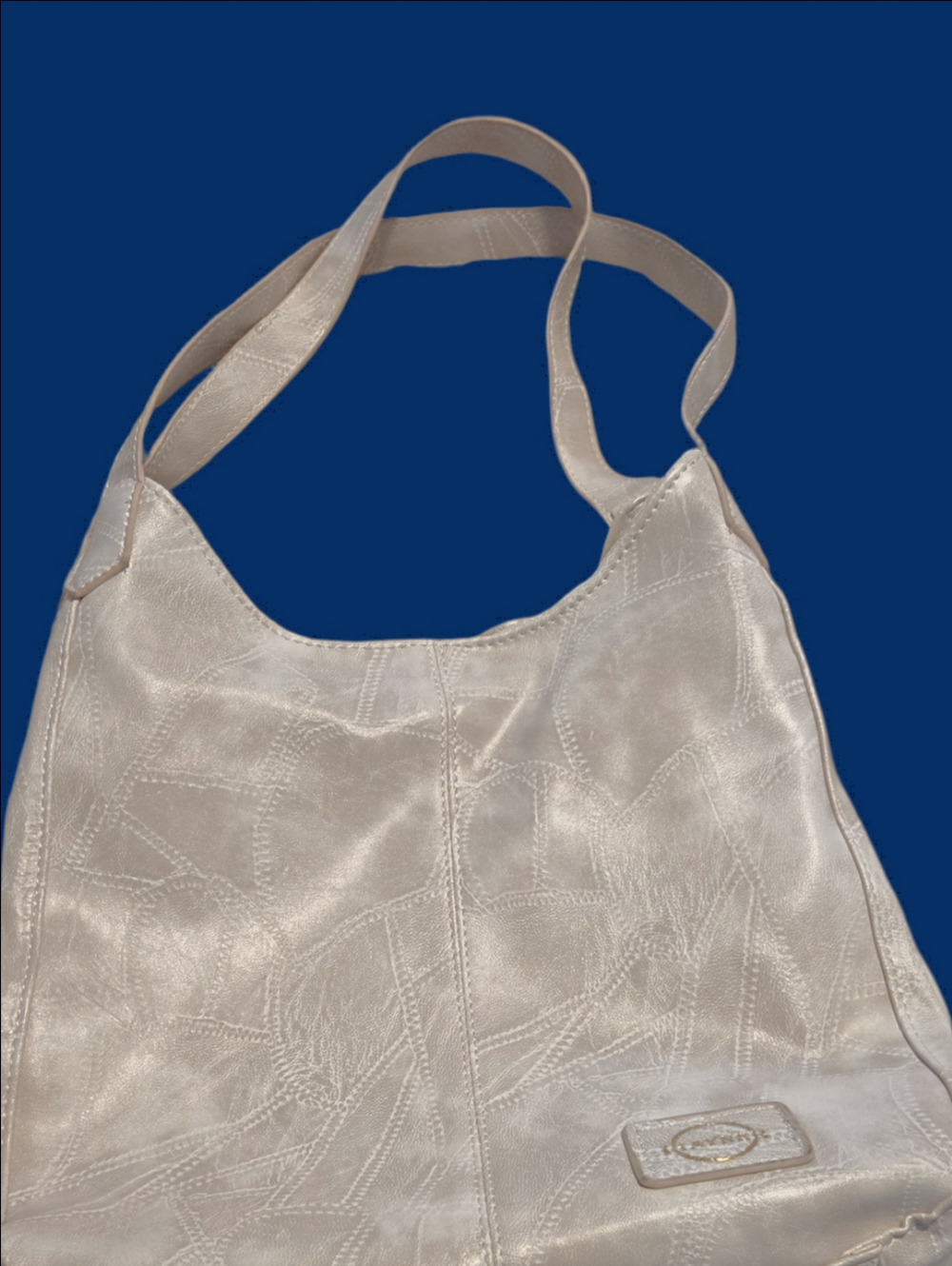 Pearl White Patchwork Shoulder Bag with Wide Strap